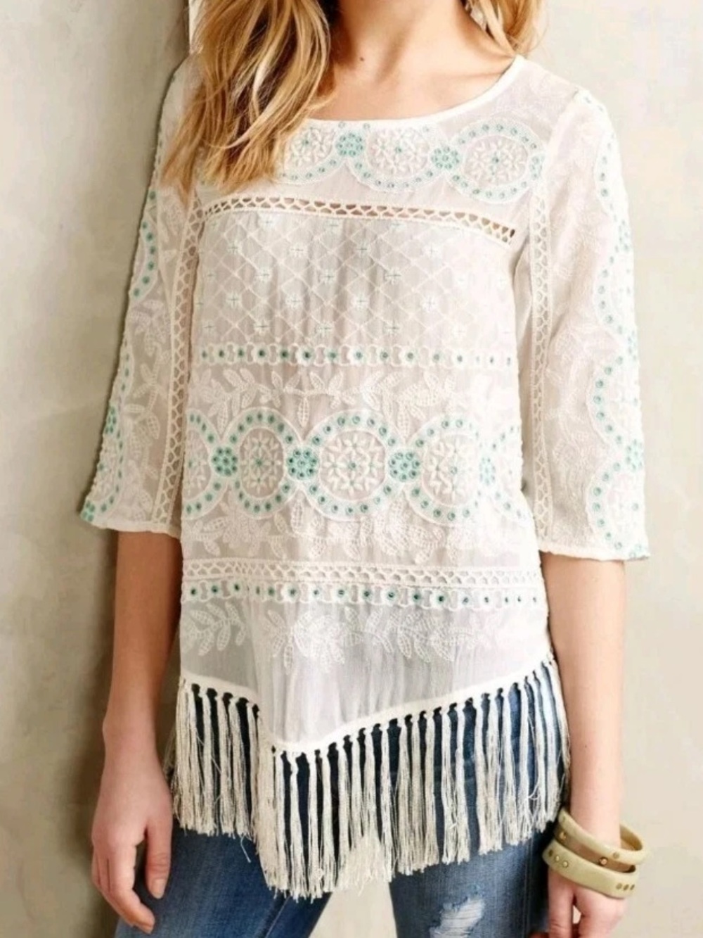 Anthropologie Floreat Tiarella Fringed Blouse Embroidered Handkerchief Top
Y2K 8